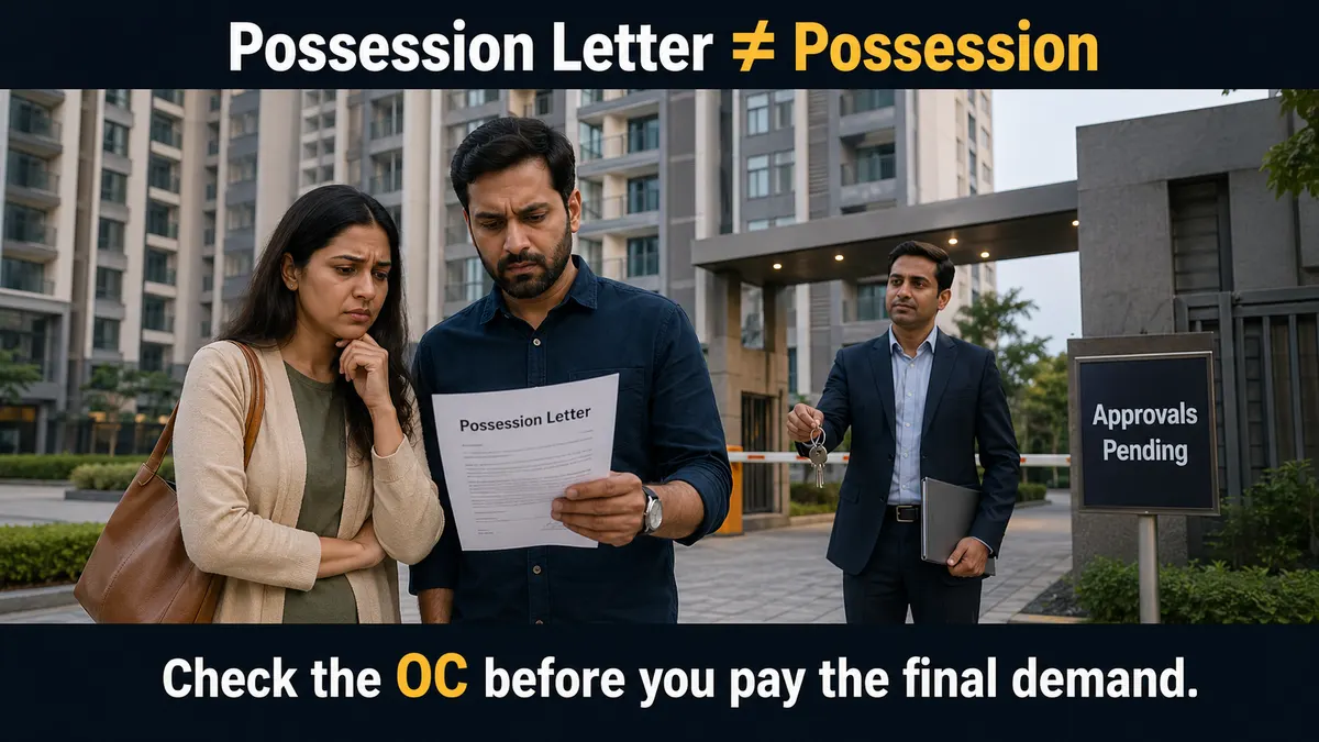 Confused homebuyer couple holding a possession letter outside a newly built Gurugram apartment tower with an Approvals Pending notice at the entrance gate