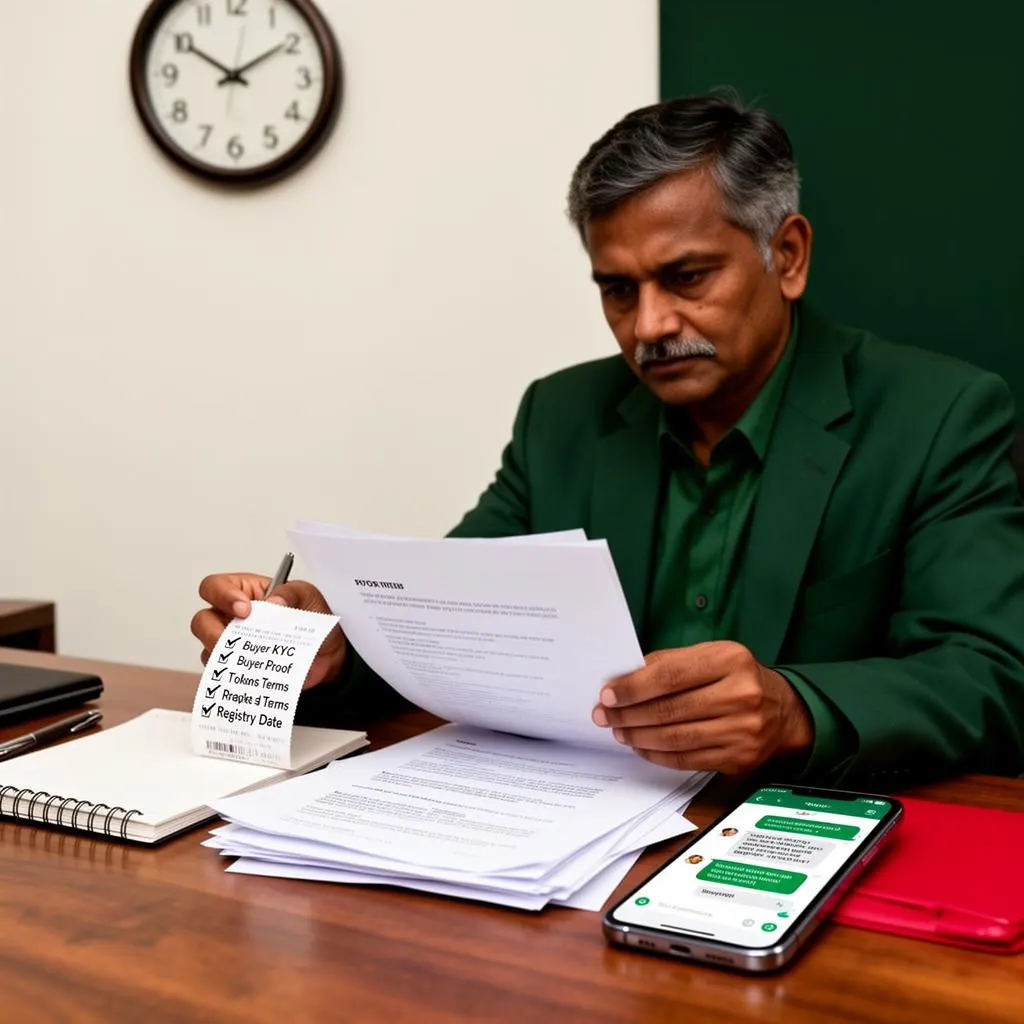 Gurugram resale seller reviewing property papers and buyer verification checklist before accepting token money