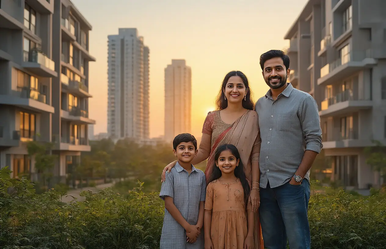 Create a realistic image of a diverse middle-class Indian family (parents and two children) standing in front of affordable housing apartments in Gurugram with modern high-rises visible in the background, capturing the contrast between luxury and affordable developments, with warm sunset lighting creating a hopeful atmosphere.