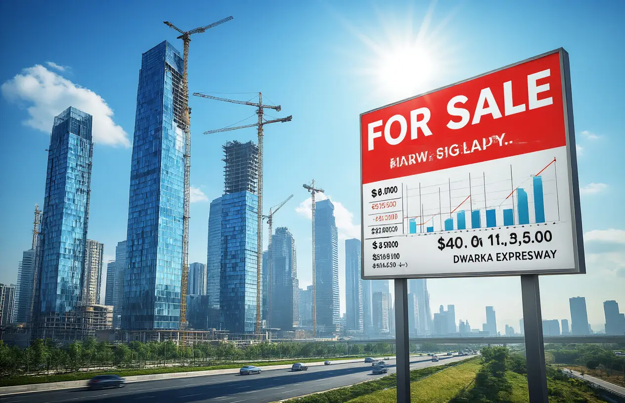 Create a realistic image of a modern Gurugram skyline with gleaming glass skyscrapers, construction cranes visible in the background, a "For Sale" sign prominently displayed in the foreground with a chart overlay showing rising prices, and the Dwarka Expressway visible in the distance, all under a bright sunny sky that casts shadows on the urban landscape, with the text "Boom or Bubble?" subtly appearing at the bottom.