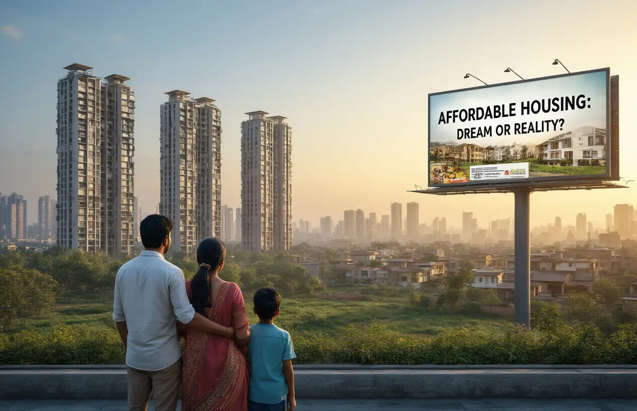 Create a realistic image of modern Gurugram skyline with high-rise luxury apartments in the foreground contrasted with modest housing developments in the background, showing the stark difference in housing options, with a middle-class Indian family (man, woman, child) looking at property advertisements on a billboard that displays "Affordable Housing: Dream or Reality?" during golden hour lighting.