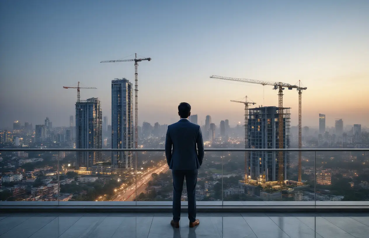 Create a realistic image of a thoughtful Indian businessman standing on a modern balcony overlooking Gurugram's skyline at dusk, with a mix of completed luxury high-rises and construction cranes visible, symbolizing the balance between growth and caution in the real estate market.