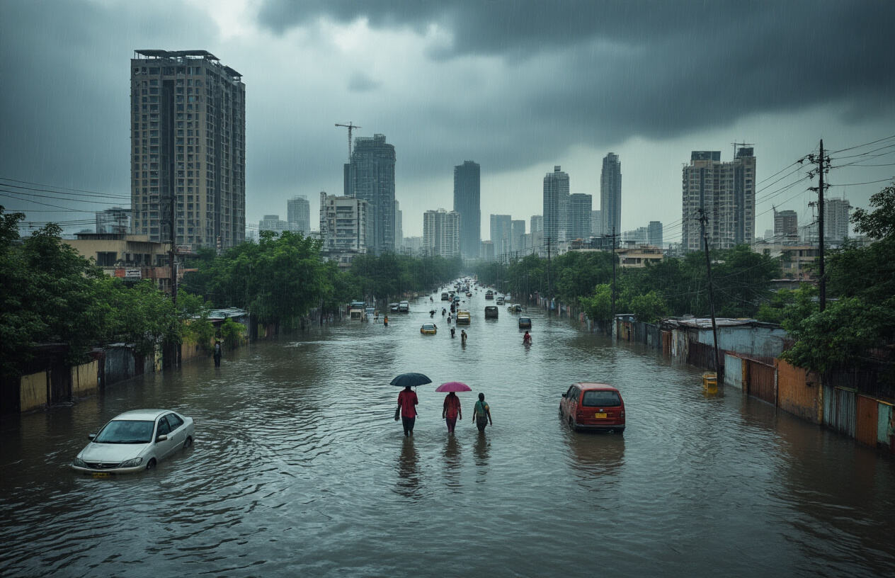 Create a realistic image of Gurugram city skyline during monsoon with waterlogged streets in the foreground, showing modern high-rise buildings and infrastructure in the background under dark stormy clouds, with stagnant floodwater reflecting the urban landscape, abandoned vehicles partially submerged, and a few South Asian male and female citizens walking through knee-deep water while holding umbrellas, capturing the contrast between rapid urbanization and poor drainage infrastructure, shot during daylight with overcast lighting that emphasizes the gloomy atmosphere of urban flooding, absolutely NO text should be in the scene.